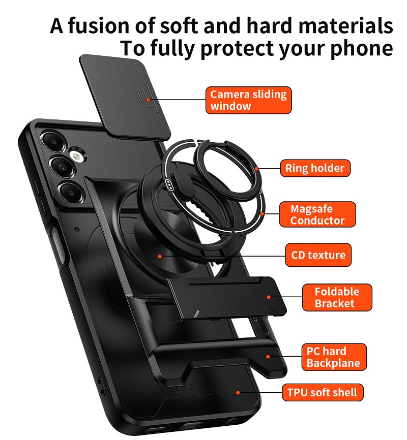 Luxury Slide Camera Lens Cover Case for Samsung Galaxy A05S 4G, Built-in Ring Stand and Folding Stand Magnetic Protective Case