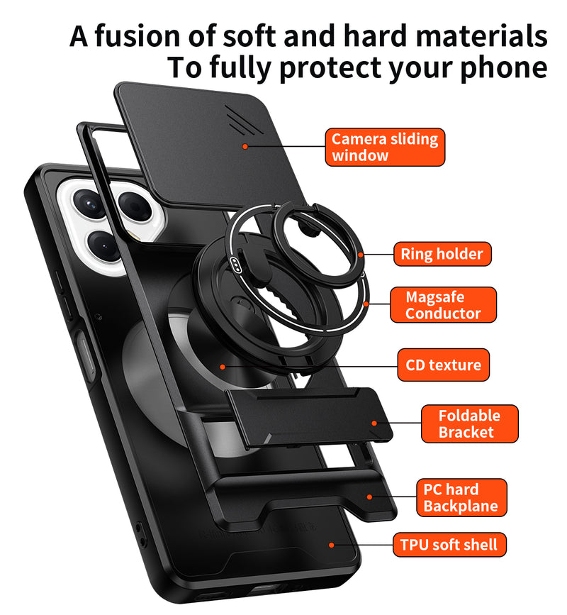 Luxury Slide Camera Lens Cover Case for Tecno Pova 7 5G, Built-in Ring Stand and Folding Stand Magnetic Protective Case