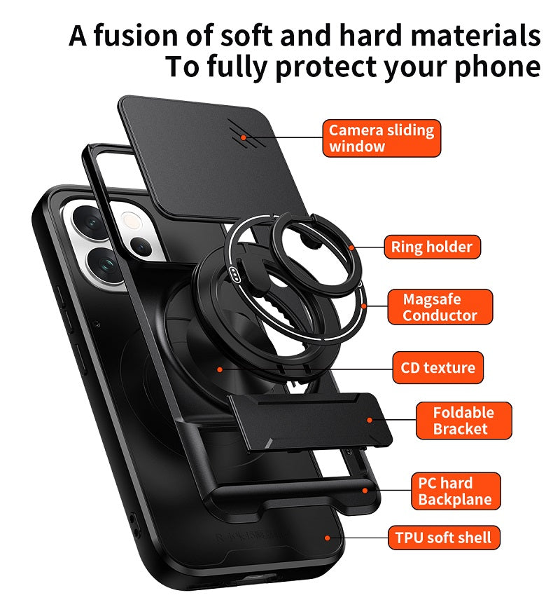 Luxury Slide Camera Lens Cover Case for Vivo V70 5G, Built-in Ring Stand and Folding Stand Magnetic Protective Case