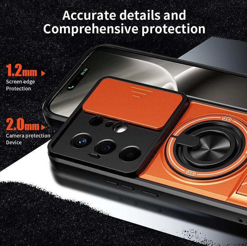 Luxury Slide Camera Lens Cover Case for Tecno Camon 50 4G, Built-in Ring Stand and Folding Stand Magnetic Protective Case