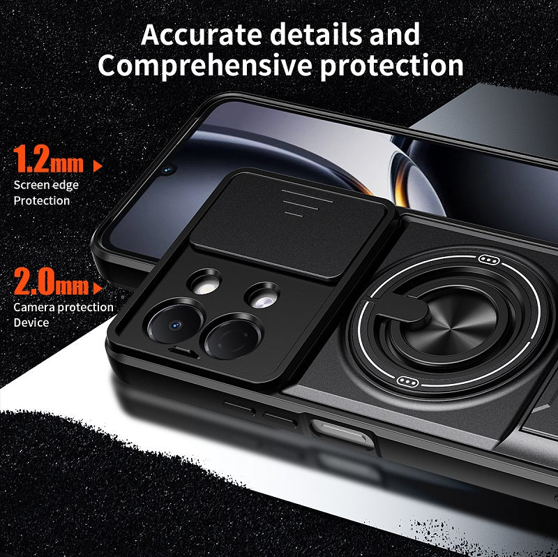 Luxury Slide Camera Lens Cover Case for Tecno Spark Go 3, Built-in Ring Stand and Folding Stand Magnetic Protective Case