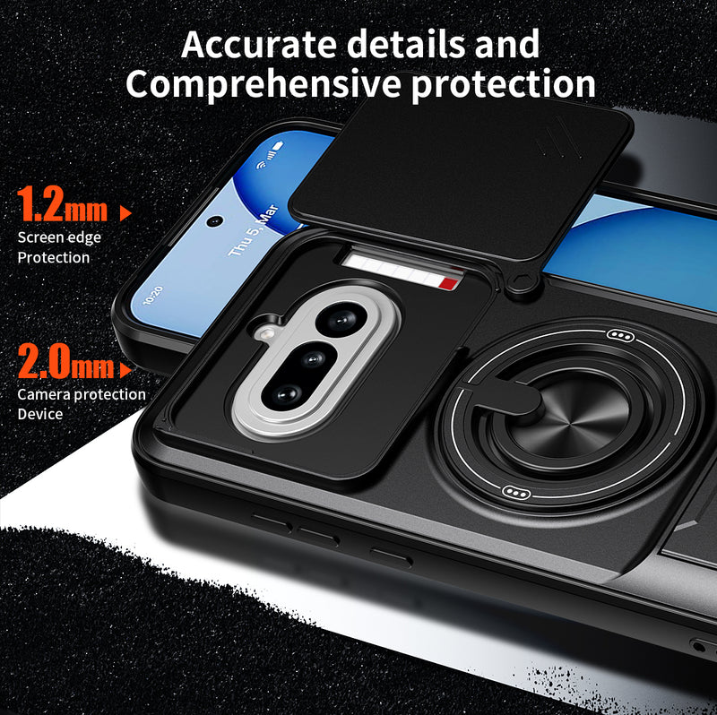 Luxury Slide Camera Lens Cover Case for Nothing Phone (4a) 5G, Built-in Ring Stand and Folding Stand Magnetic Protective Case