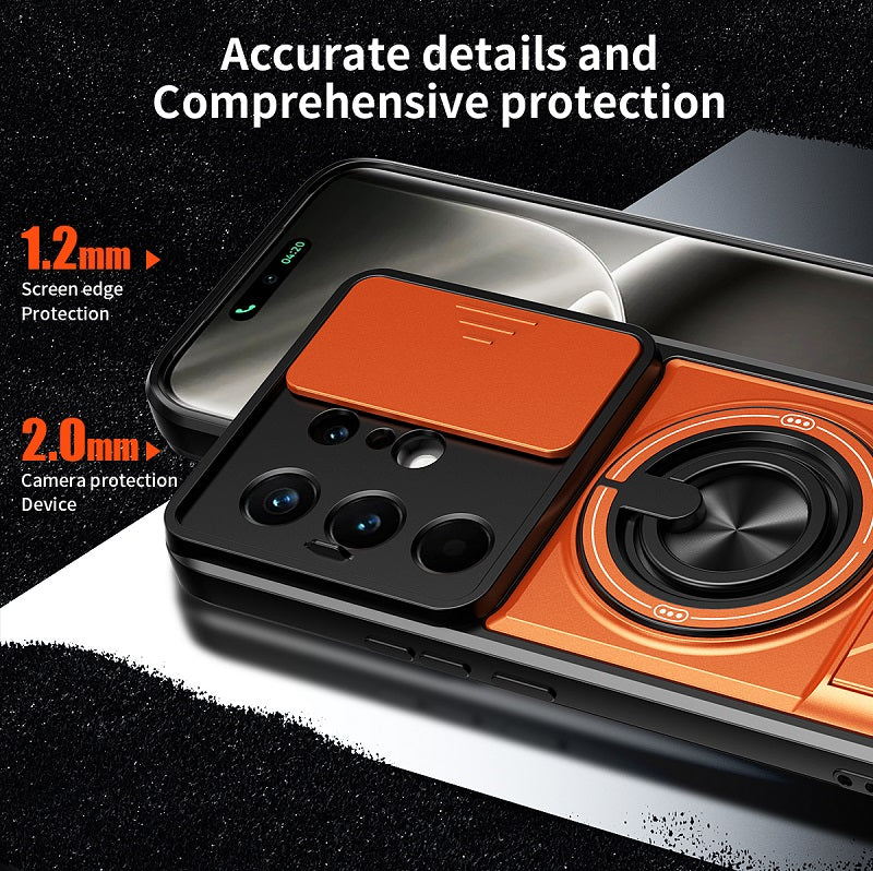 Luxury Slide Camera Lens Cover Case for Tecno Camon 50 Pro 4G, Built-in Ring Stand and Folding Stand Magnetic Protective Case