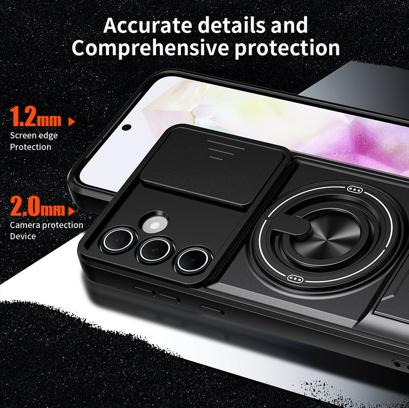 Luxury Slide Camera Lens Cover Case for Samsung Galaxy A55 5G, Built-in Ring Stand and Folding Stand Magnetic Protective Case