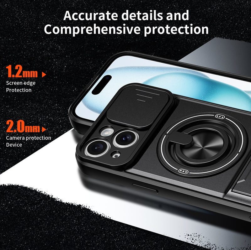 Luxury Slide Camera Lens Cover Case for iPhone 15, Built-in Ring Stand and Folding Stand Magnetic Protective Case
