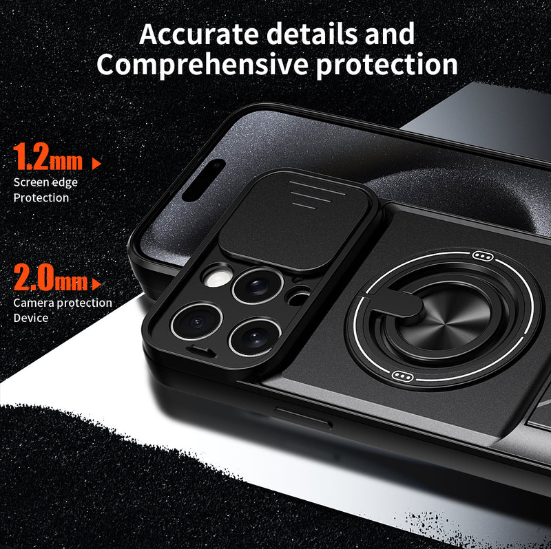 Luxury Slide Camera Lens Cover Case for iPhone 15 Pro Max, Built-in Ring Stand and Folding Stand Magnetic Protective Case