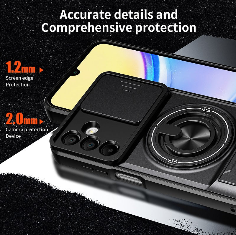 Luxury Slide Camera Lens Cover Case for Samsung Galaxy A15 5G/4G, Built-in Ring Stand and Folding Stand Magnetic Protective Case