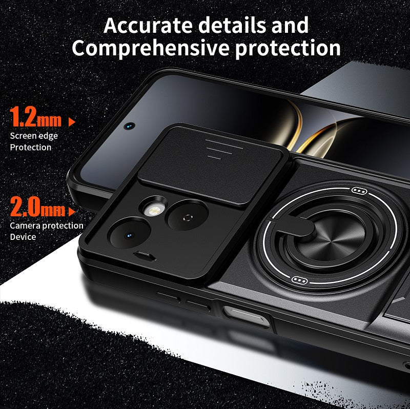 Luxury Slide Camera Lens Cover Case for Tecno Spark 40C 4G, Built-in Ring Stand and Folding Stand Magnetic Protective Case