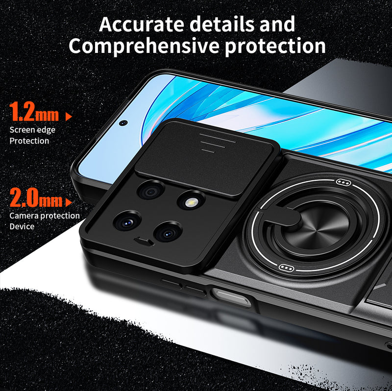 Luxury Slide Camera Lens Cover Case for Honor X8A 4G, Built-in Ring Stand and Folding Stand Magnetic Protective Case
