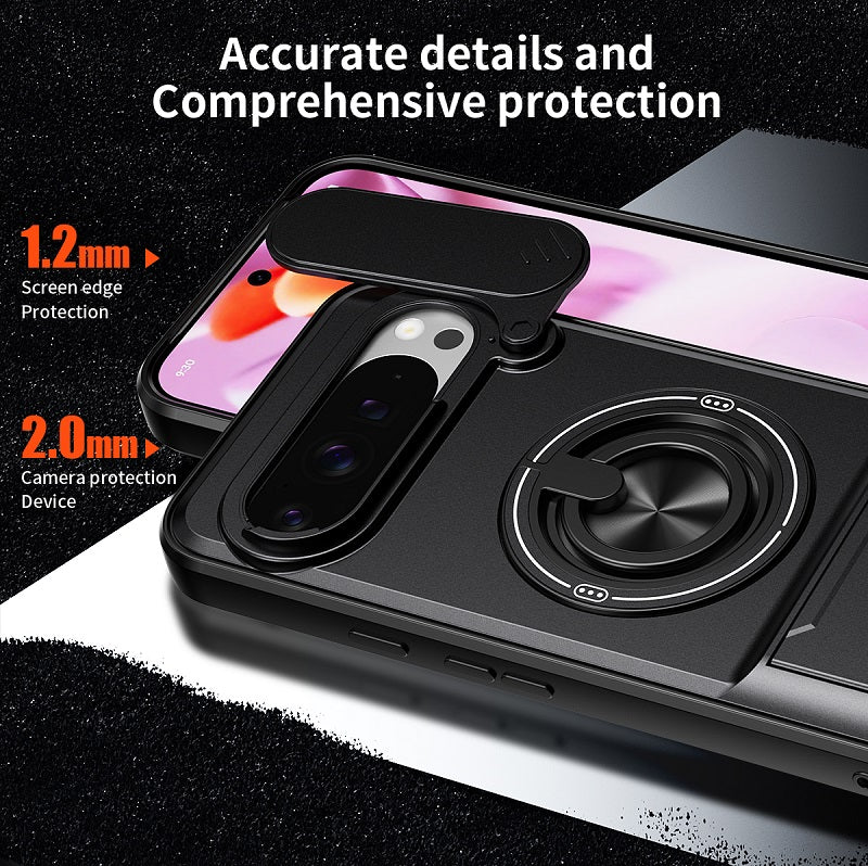Luxury Slide Camera Lens Cover Case for Google Pixel 9 Pro XL, Built-in Ring Stand and Folding Stand Magnetic Protective Case