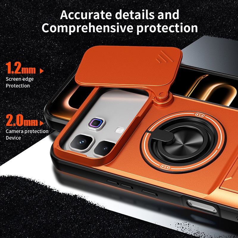 Luxury Slide Camera Lens Cover Case for Infinix Note 60 Pro 5G, Built-in Ring Stand and Folding Stand Magnetic Protective Case