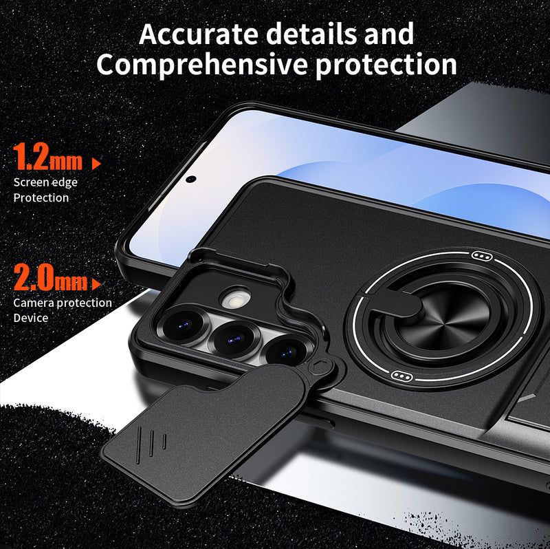Luxury Slide Camera Lens Cover Case for Samsung Galaxy S25 Plus, Built-in Ring Stand and Folding Stand Magnetic Protective Case