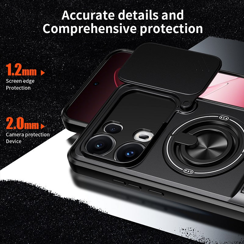 Luxury Slide Camera Lens Cover Case for OPPO Reno 13 Pro 5G, Built-in Ring Stand and Folding Stand Magnetic Protective Case