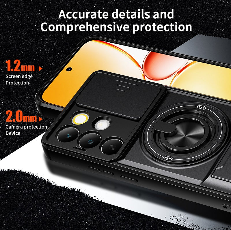 Luxury Slide Camera Lens Cover Case for OPPO Realme C85 Pro 5G, Built-in Ring Stand and Folding Stand Magnetic Protective Case
