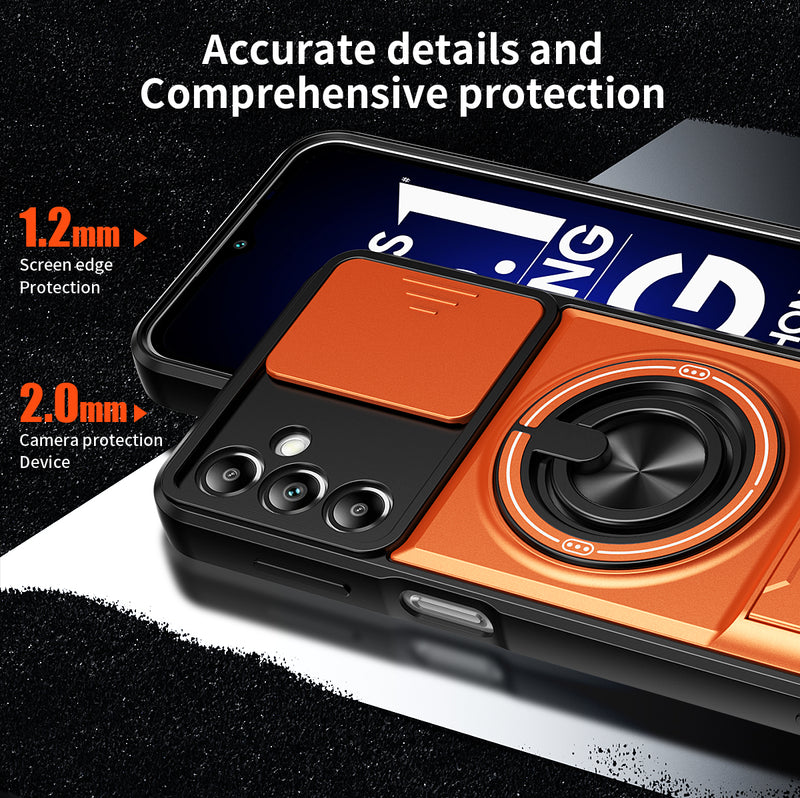 Luxury Slide Camera Lens Cover Case for Samsung Galaxy A14 5G/4G, Built-in Ring Stand and Folding Stand Magnetic Protective Case
