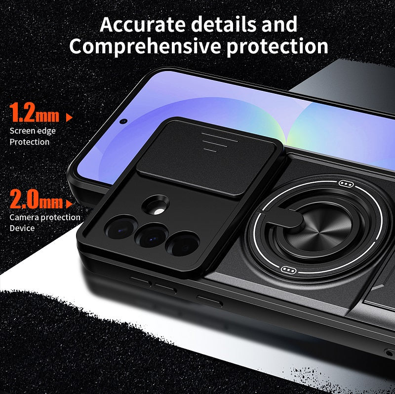Luxury Slide Camera Lens Cover Case for Samsung Galaxy A36 5G, Built-in Ring Stand and Folding Stand Magnetic Protective Case