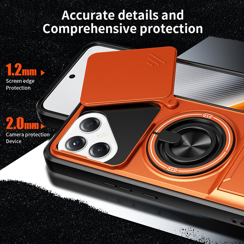 Luxury Slide Camera Lens Cover Case for Tecno Pova 7 Ultra 5G, Built-in Ring Stand and Folding Stand Magnetic Protective Case