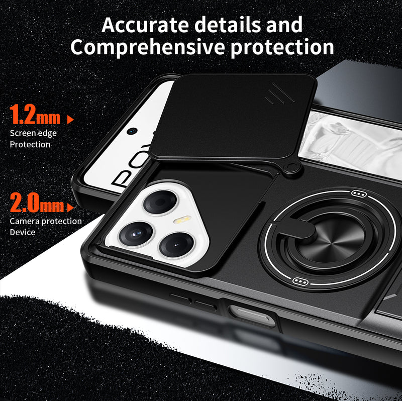 Luxury Slide Camera Lens Cover Case for Tecno Pova 7 5G, Built-in Ring Stand and Folding Stand Magnetic Protective Case