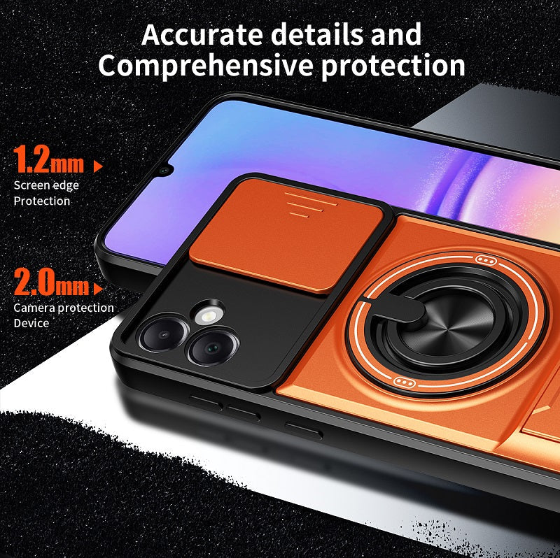 Luxury Slide Camera Lens Cover Case for Samsung Galaxy A05 4G, Built-in Ring Stand and Folding Stand Magnetic Protective Case