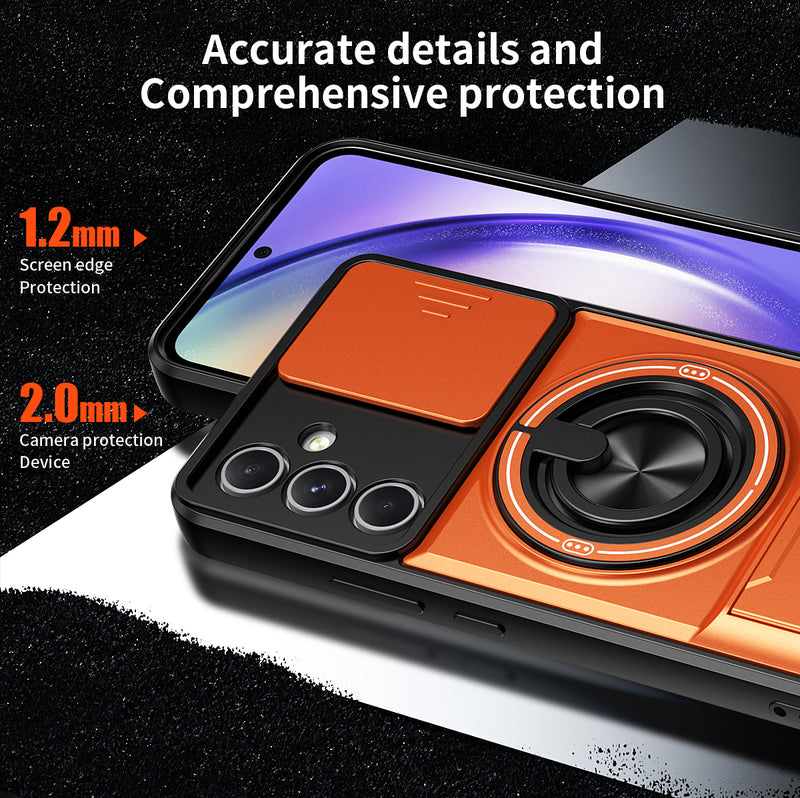 Luxury Slide Camera Lens Cover Case for Samsung Galaxy A54 5G, Built-in Ring Stand and Folding Stand Magnetic Protective Case