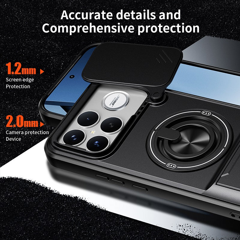 Luxury Slide Camera Lens Cover Case for Xiaomi Poco F8 Ultra, Built-in Ring Stand and Folding Stand Magnetic Protective Case
