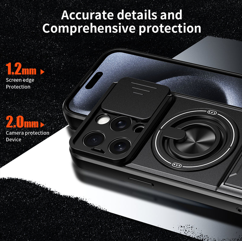 Luxury Slide Camera Lens Cover Case for iPhone 15 Pro, Built-in Ring Stand and Folding Stand Magnetic Protective Case