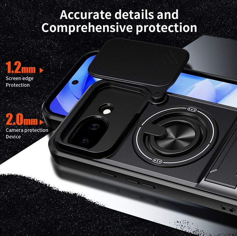 Luxury Slide Camera Lens Cover Case for Google Pixel 10A, Built-in Ring Stand and Folding Stand Magnetic Protective Case