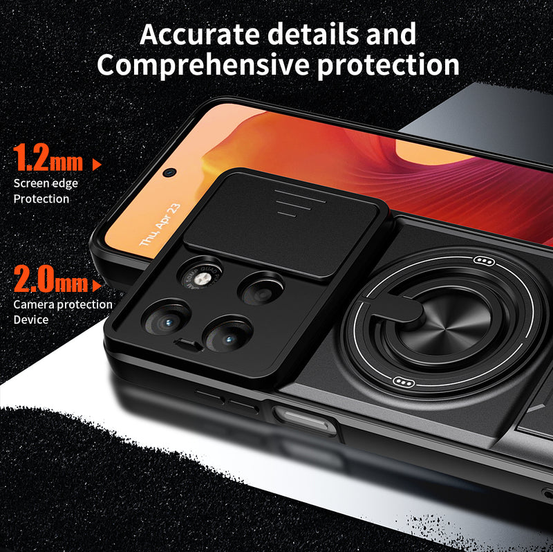 Luxury Slide Camera Lens Cover Case for Motorola Moto G15 4G, Built-in Ring Stand and Folding Stand Magnetic Protective Case