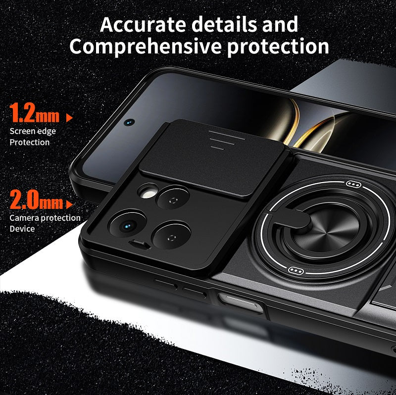 Luxury Slide Camera Lens Cover Case for Tecno Spark 40 4G, Built-in Ring Stand and Folding Stand Magnetic Protective Case