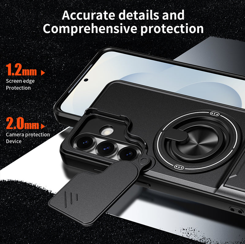 Luxury Slide Camera Lens Cover Case for Samsung Galaxy S25, Built-in Ring Stand and Folding Stand Magnetic Protective Case