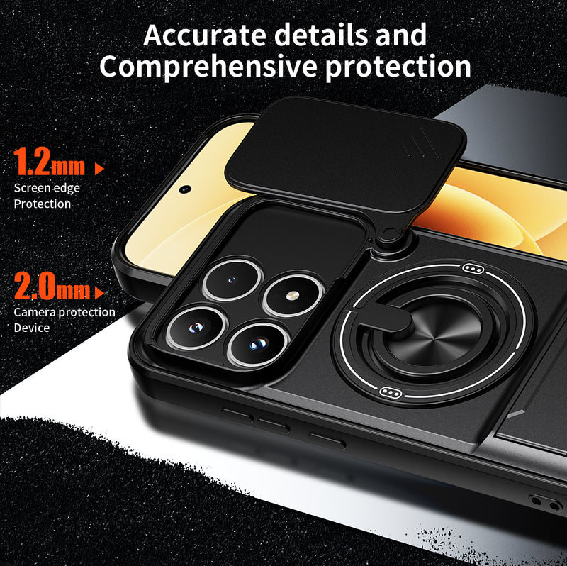 Luxury Slide Camera Lens Cover Case for Xiaomi 17, Built-in Ring Stand and Folding Stand Magnetic Protective Case