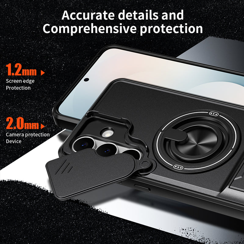 Luxury Slide Camera Lens Cover Case for Samsung Galaxy S25 FE, Built-in Ring Stand and Folding Stand Magnetic Protective Case