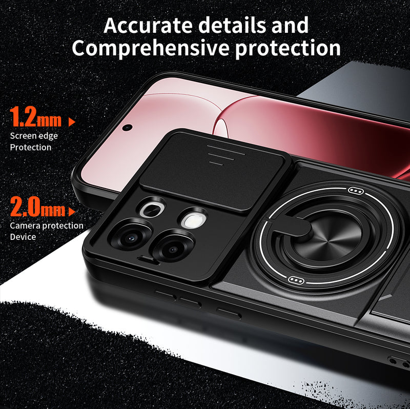 Luxury Slide Camera Lens Cover Case for OPPO A6 Pro 5G/4G, Built-in Ring Stand and Folding Stand Magnetic Protective Case