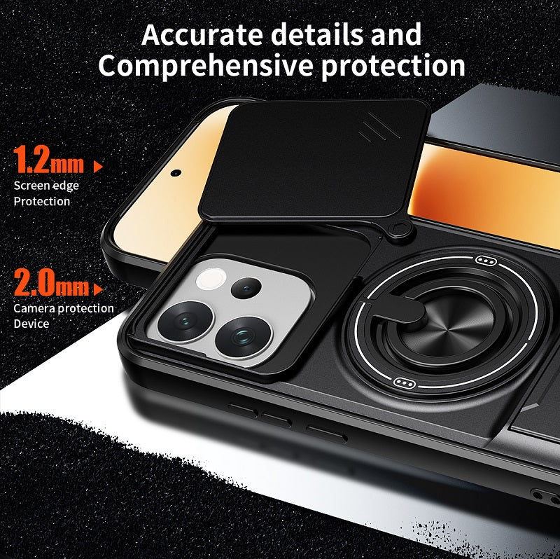 Luxury Slide Camera Lens Cover Case for Vivo V70 5G, Built-in Ring Stand and Folding Stand Magnetic Protective Case
