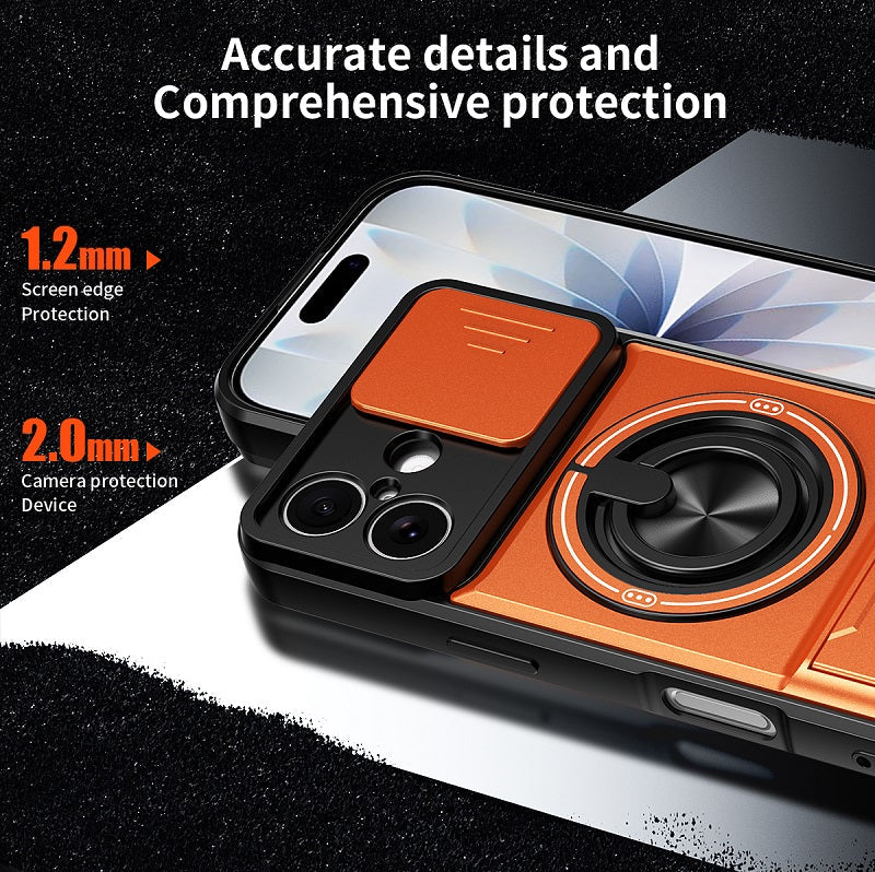Luxury Slide Camera Lens Cover Case for iPhone 17, Built-in Ring Stand and Folding Stand Magnetic Protective Case