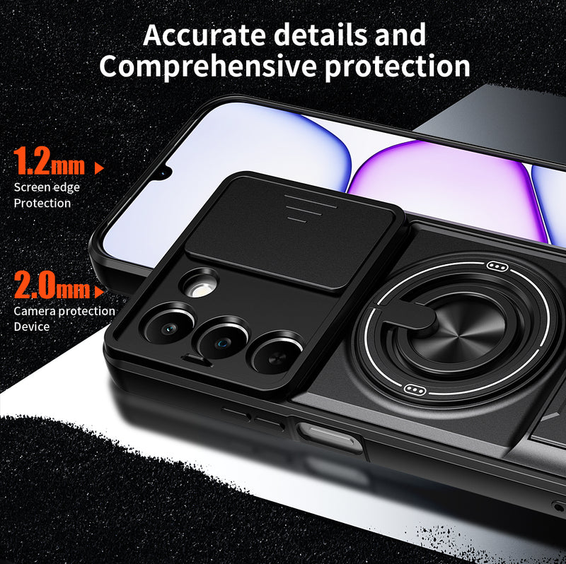 Luxury Slide Camera Lens Cover Case for OPPO Realme C83 5G, Built-in Ring Stand and Folding Stand Magnetic Protective Case