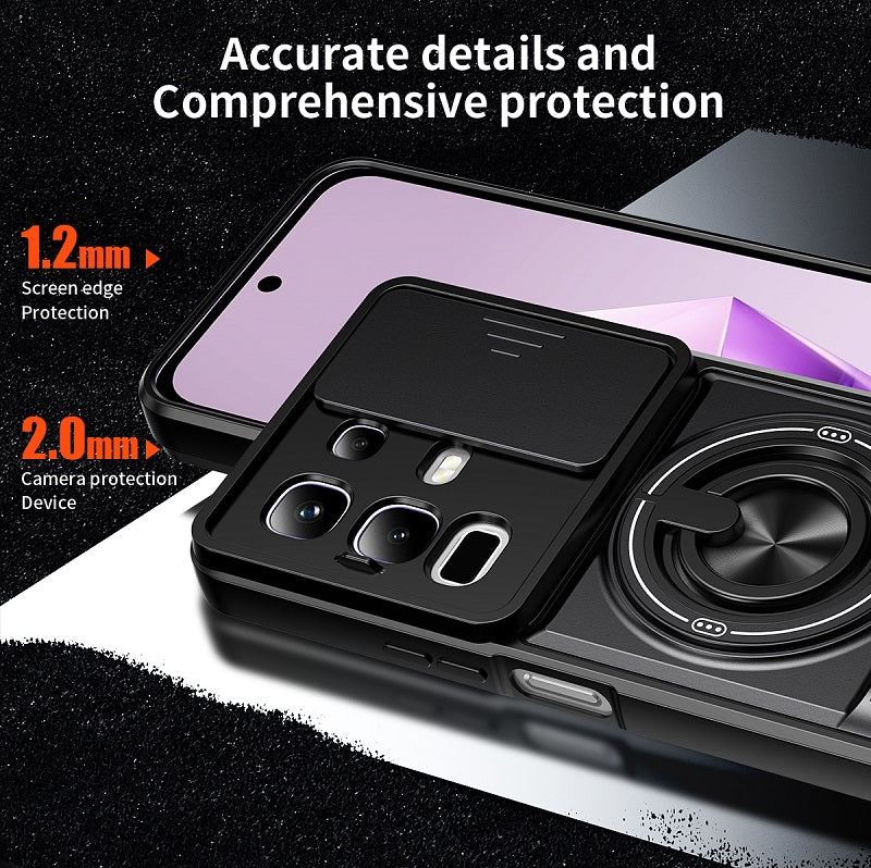 Luxury Slide Camera Lens Cover Case for Infinix Note 50X 5G, Built-in Ring Stand and Folding Stand Magnetic Protective Case
