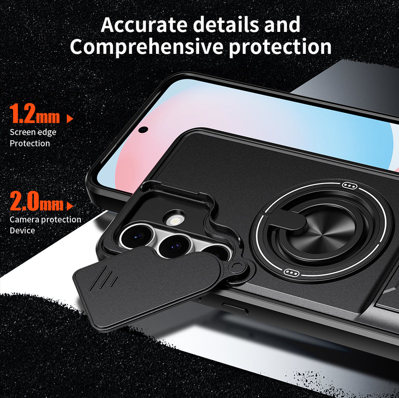 Luxury Slide Camera Lens Cover Case for Samsung Galaxy S24 FE, Built-in Ring Stand and Folding Stand Magnetic Protective Case