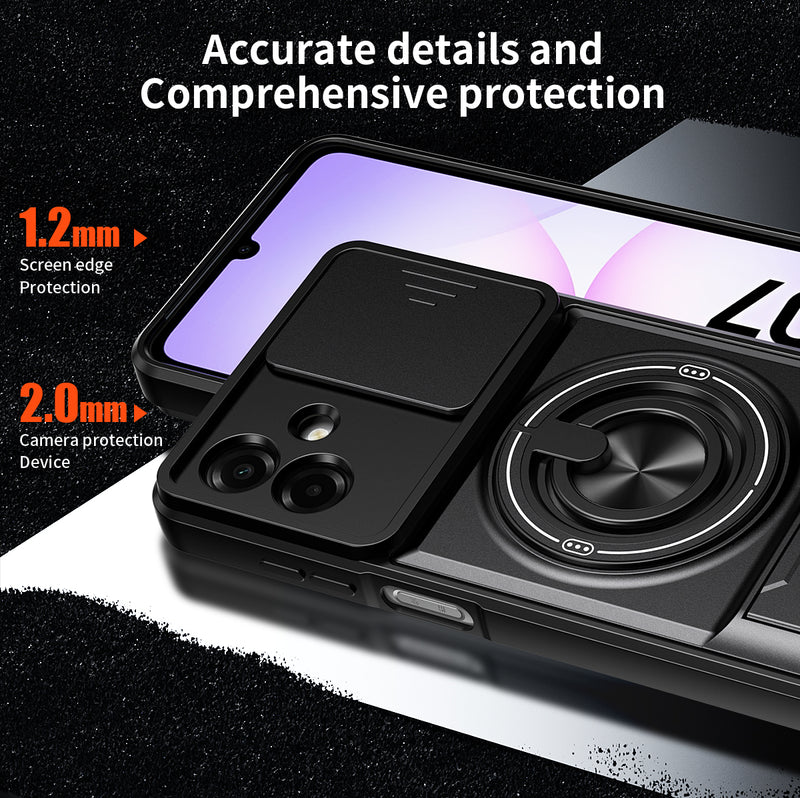 Luxury Slide Camera Lens Cover Case for Samsung Galaxy A07 4G, Built-in Ring Stand and Folding Stand Magnetic Protective Case