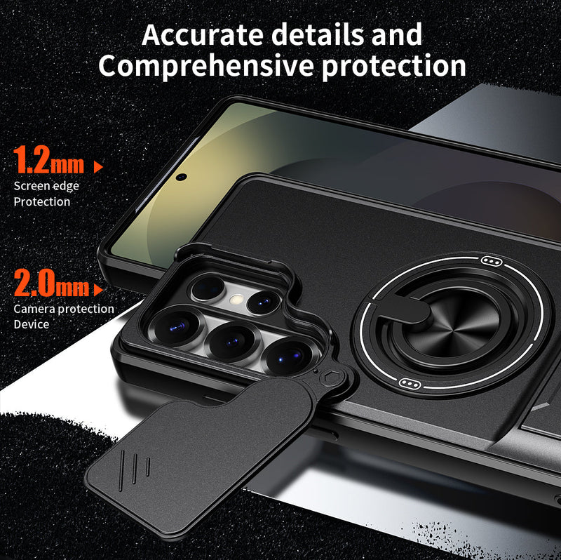 Luxury Slide Camera Lens Cover Case for Samsung Galaxy S25 Ultra, Built-in Ring Stand and Folding Stand Magnetic Protective Case