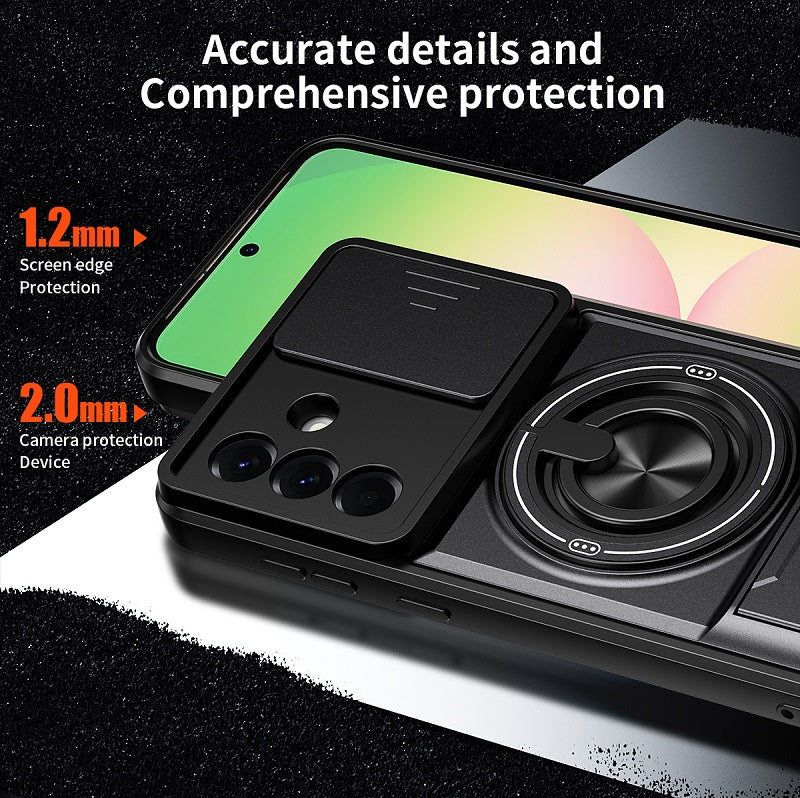 Luxury Slide Camera Lens Cover Case for Samsung Galaxy A56 5G, Built-in Ring Stand and Folding Stand Magnetic Protective Case