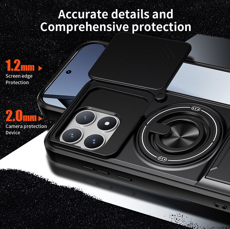 Luxury Slide Camera Lens Cover Case for Xiaomi Poco F8 Pro, Built-in Ring Stand and Folding Stand Magnetic Protective Case