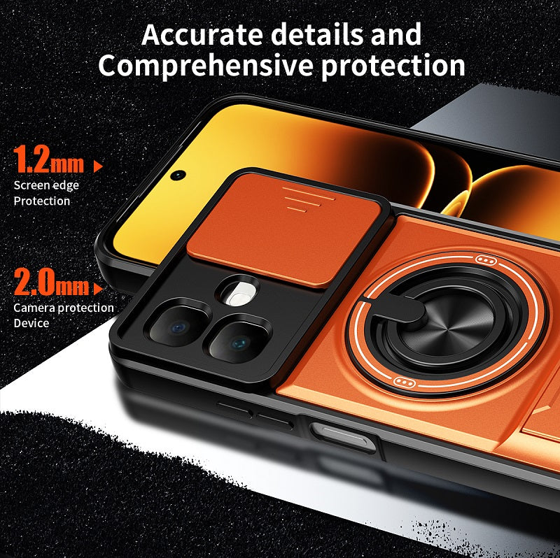 Luxury Slide Camera Lens Cover Case for Infinix Smart 20 4G, Built-in Ring Stand and Folding Stand Magnetic Protective Case