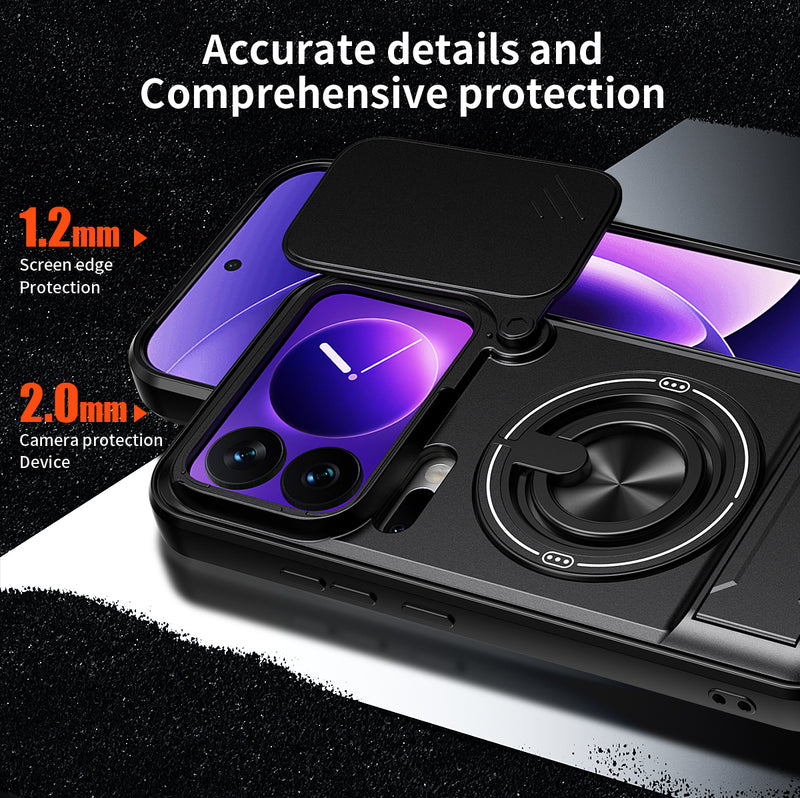 Luxury Slide Camera Lens Cover Case for Xiaomi 17 Pro, Built-in Ring Stand and Folding Stand Magnetic Protective Case
