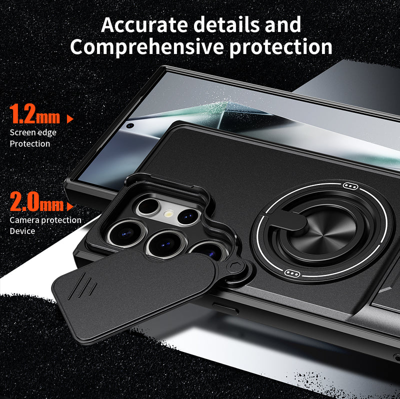 Luxury Slide Camera Lens Cover Case for Samsung Galaxy S24 Ultra, Built-in Ring Stand and Folding Stand Magnetic Protective Case