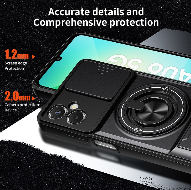 Luxury Slide Camera Lens Cover Case for Samsung Galaxy A06 5G/4G, Built-in Ring Stand and Folding Stand Magnetic Protective Case
