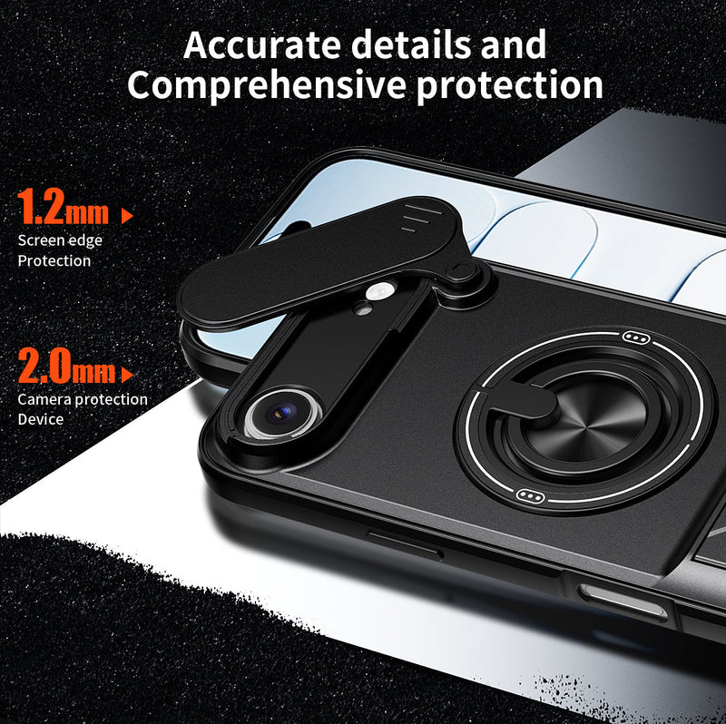 Luxury Slide Camera Lens Cover Case for iPhone 17 Air, Built-in Ring Stand and Folding Stand Magnetic Protective Case