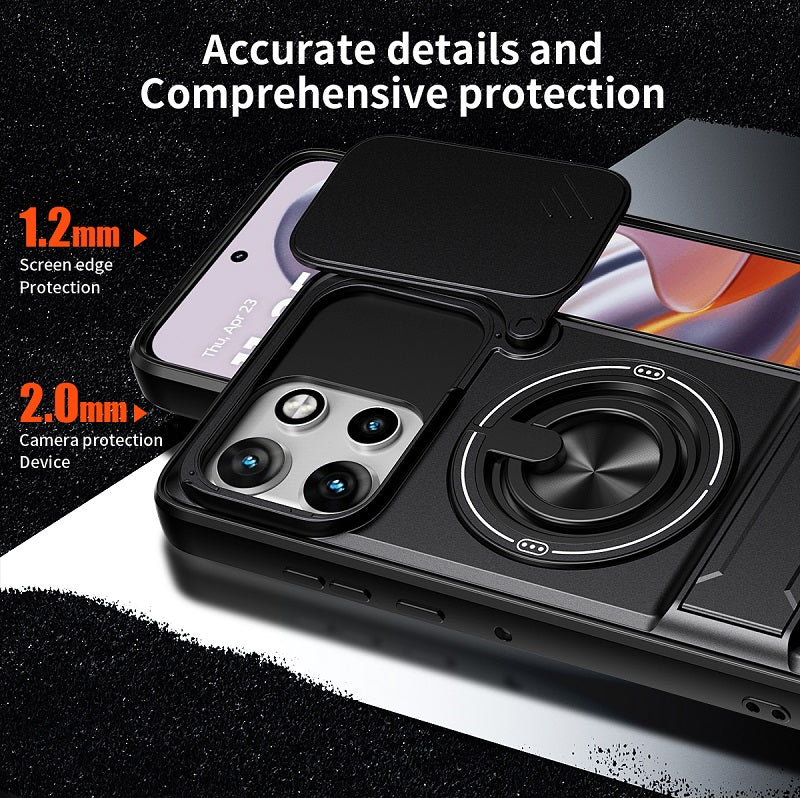 Luxury Slide Camera Lens Cover Case for Motorola Edge 50 Neo 5G, Built-in Ring Stand and Folding Stand Magnetic Protective Case