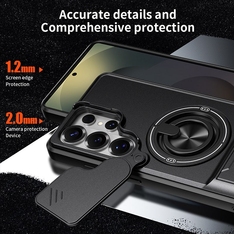 Luxury Slide Camera Lens Cover Case for Samsung Galaxy S26 Ultra, Built-in Ring Stand and Folding Stand Magnetic Protective Case