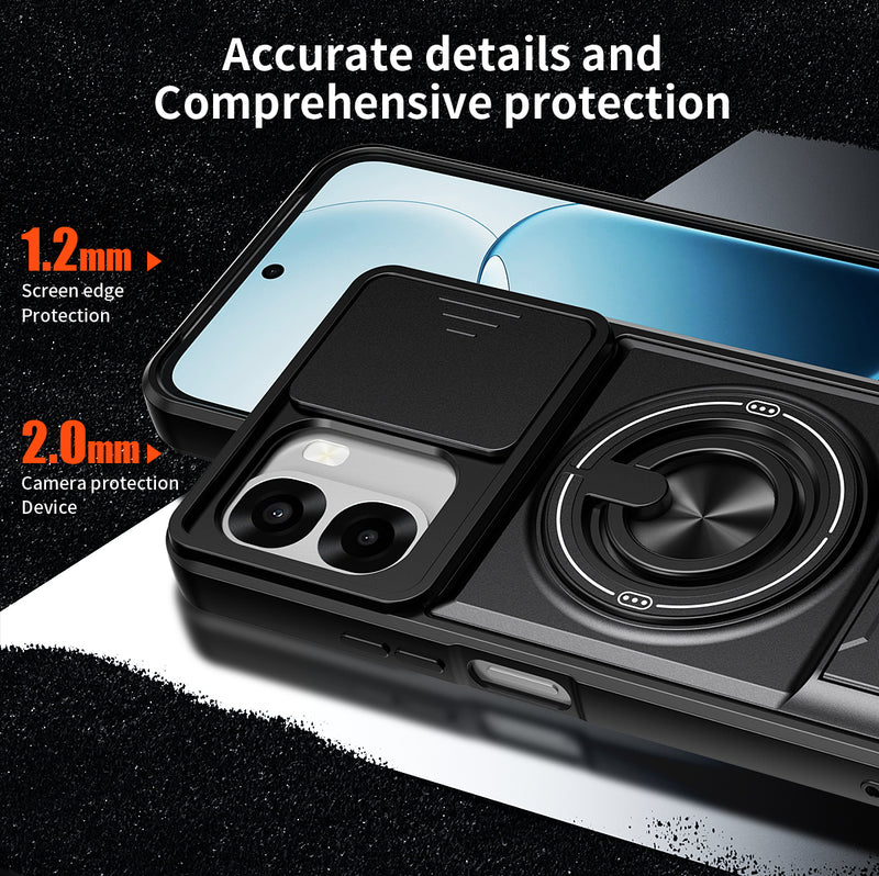 Luxury Slide Camera Lens Cover Case for OPPO A6X 5G/4G, Built-in Ring Stand and Folding Stand Magnetic Protective Case